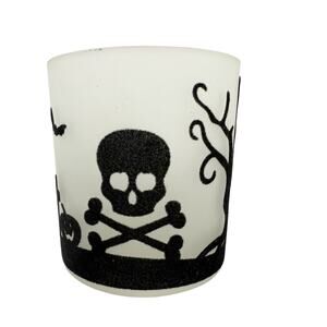Halloween frosted glass & black Votive Candle Holder skull tombstones bats tree